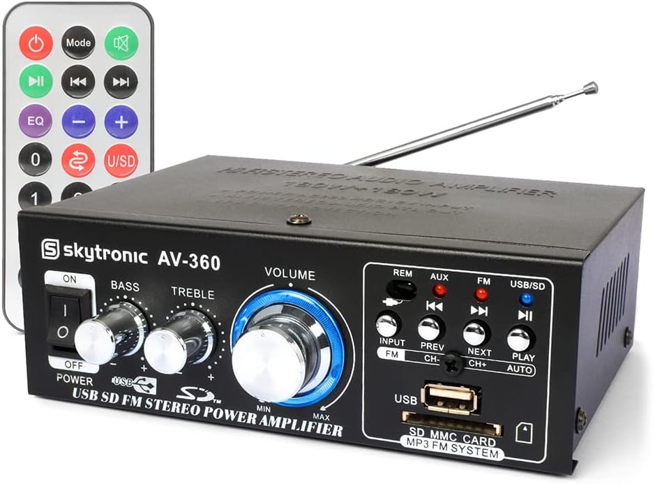 Skytronic AV-360 HiFi Stereo Amplifier System 80W with MP3 Media Player, USB & SD Input, FM Radio, Remote Control - Compact Home Audio Amp for Ceiling & HiFi Speakers