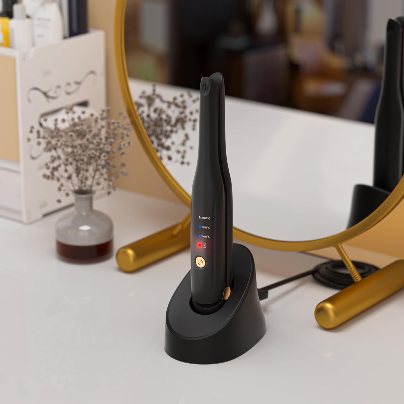 Lisseur sans fil, fer à lisser céramique Styling Clip, lisseur et fer à boucler portable 2-en-1 avec chargeur de type C et station de charge pour le salon de coiffure, la maison, les voyages (Noir)