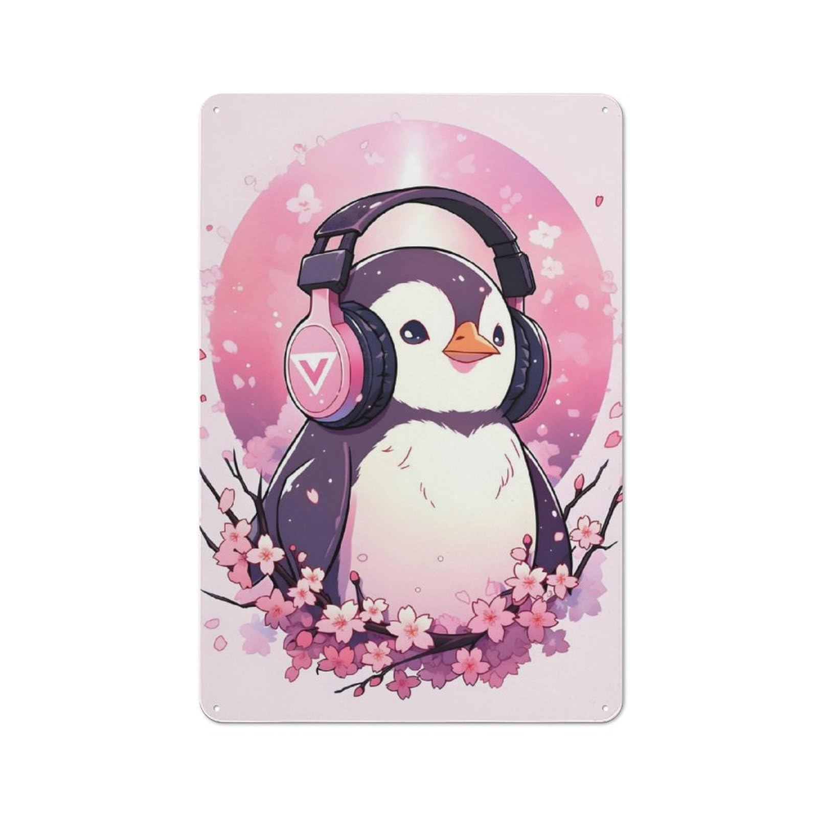 Junmoney Penguin Cherry Blossoms Tin Wall Plaque 30X20cm With For Garage Wall, With Clear Vintage Wall Decor Character
