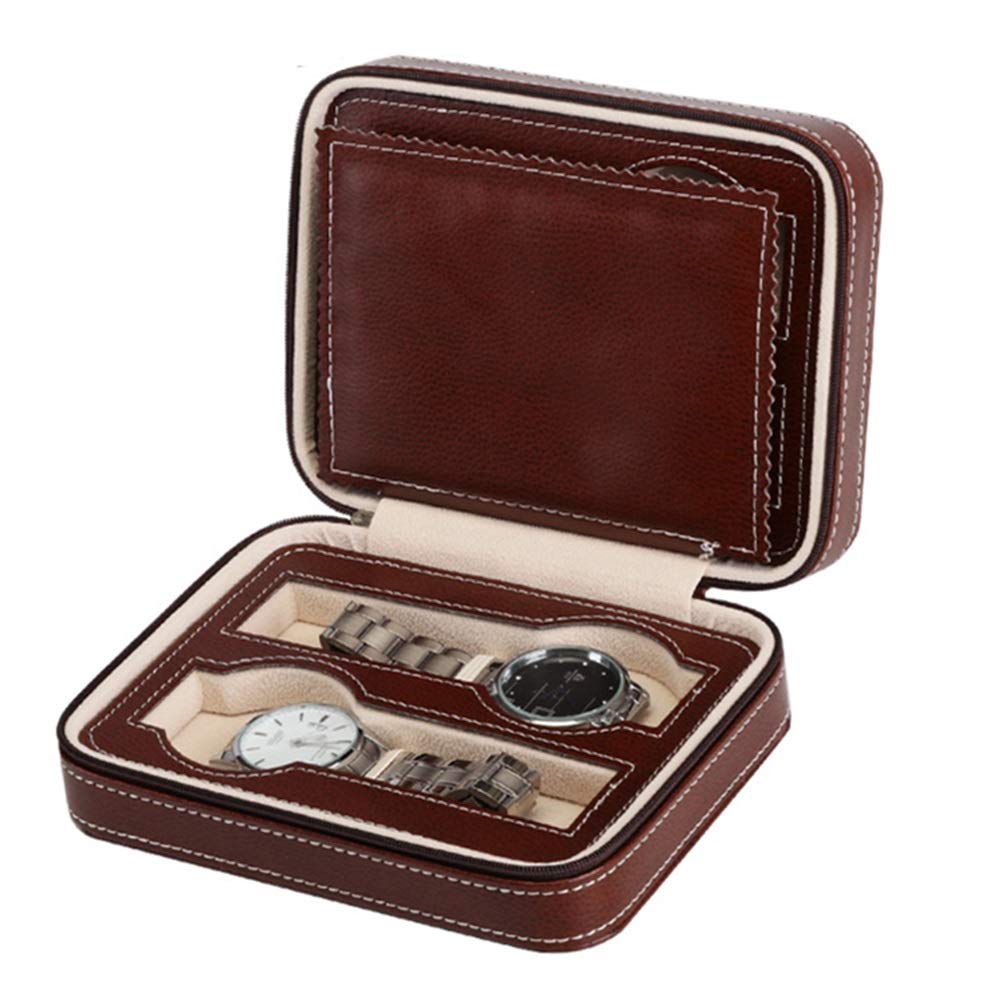 DUMRALBQE Watch Boxes Faux Leather Men's Zipper Watch Box Storage Display 4 Slots for Storage and Display(Brown)