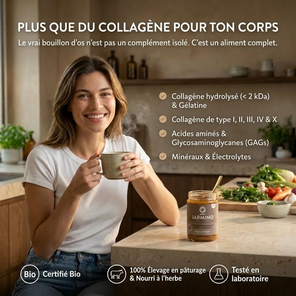 JARMINO Bouillon d’Os Bio Concentré, Bone Broth de Bœuf Élevé en Pâturage et Nourri à l’Herbe, Bouillon Liquide avec Collagène Types 1 2 3, Keto Paleo AIP, 220 g, 22 Portions