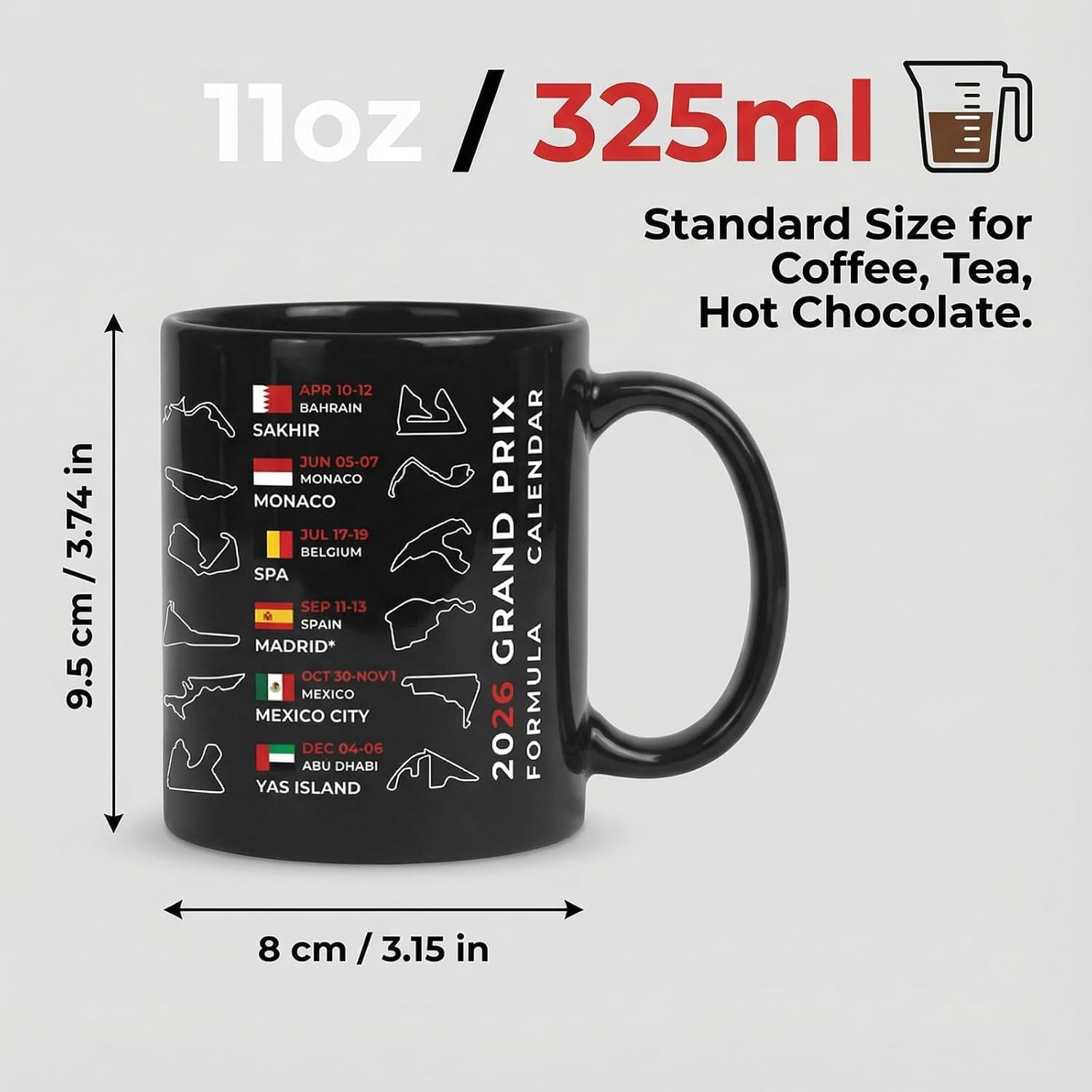 2026 Formula Racing Season Calendar Mug - Black Ceramic Coffee Cup Featuring Grand Prix Circuit Layouts & Dates - Includes New Madrid Track - Motorsport Fan Gift for Men and Car Enthusiasts - 11oz