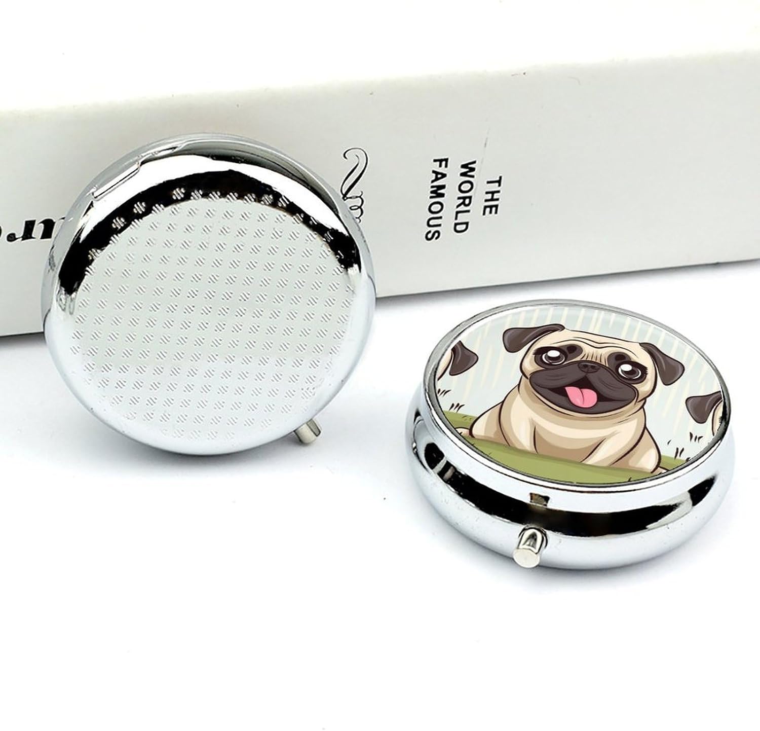 Funny Happy Pug Dog Round Pill Box, 3 Compartment Medicine Organizer image 5