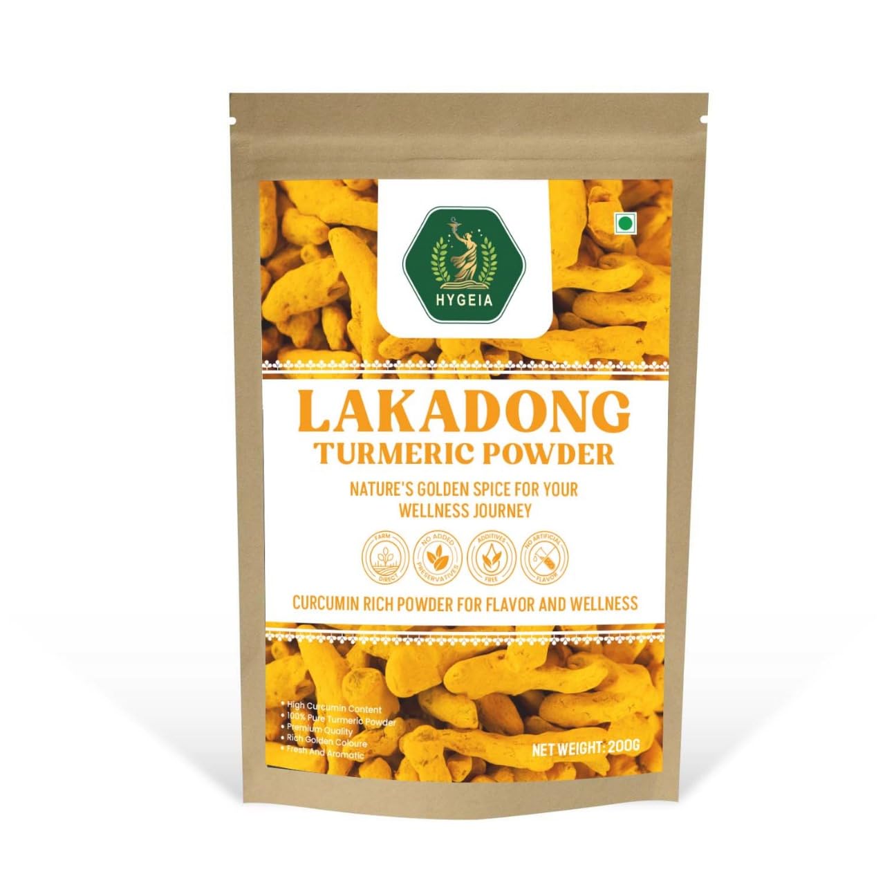 HYGEIA Lakadong Turmeric Powder, 200g, 8-12% Curcumin, Organic Wild Turmeric, Ayurvedic Healing Properties, Fresh Local Produce from Lakadong Village, Meghalaya