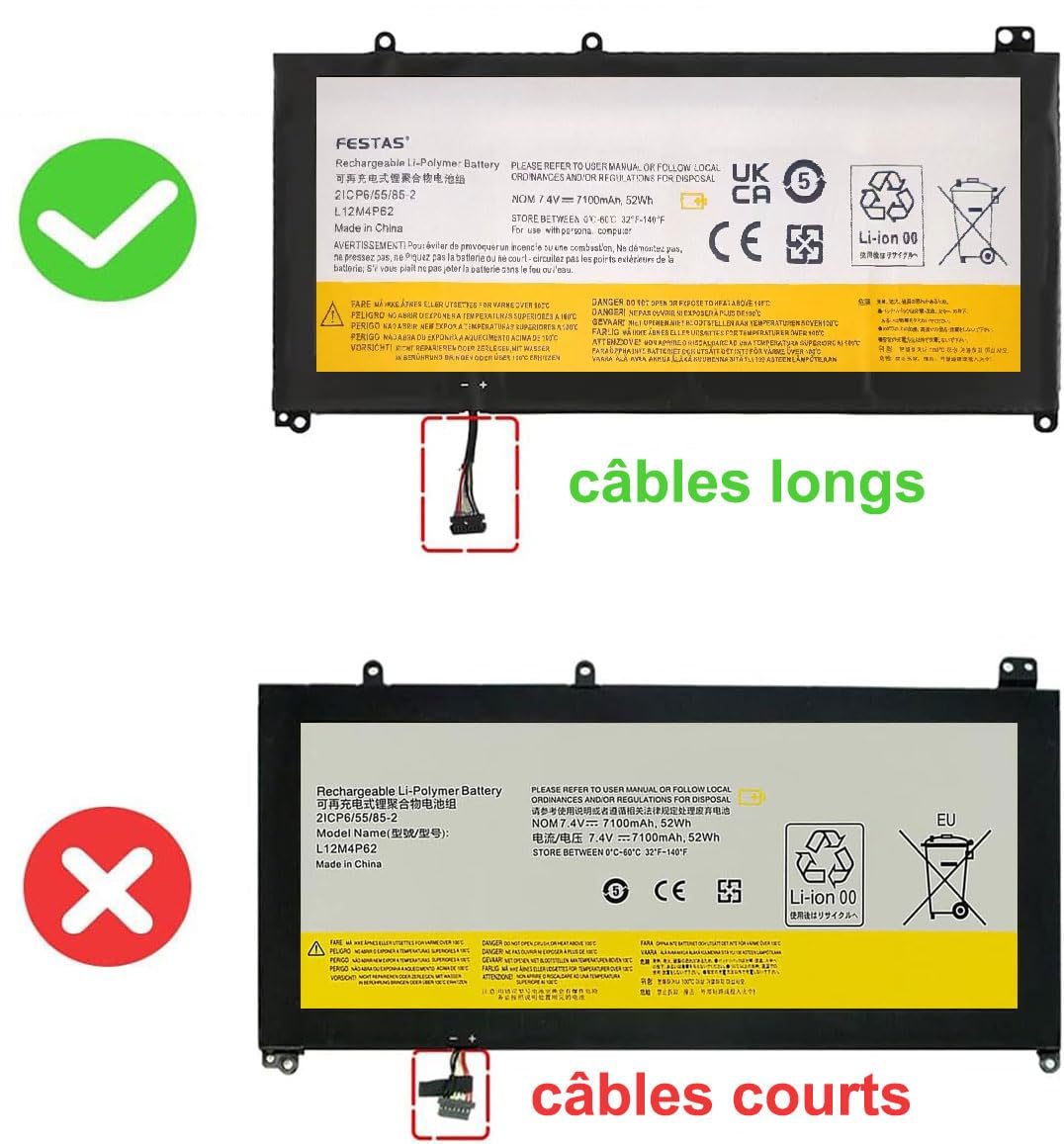 FESTAS 7,4 V, 7100 mAh, 52 Wh, langes Kabel L12L4P62 L12M4P62, Akku, kompatibel mit Lenovo Ideapad U430 U530 Touch Series L11L6P61 L11M3P62 2ICP6/55/85-2 3ICP8/60/60 Computer / Laptop