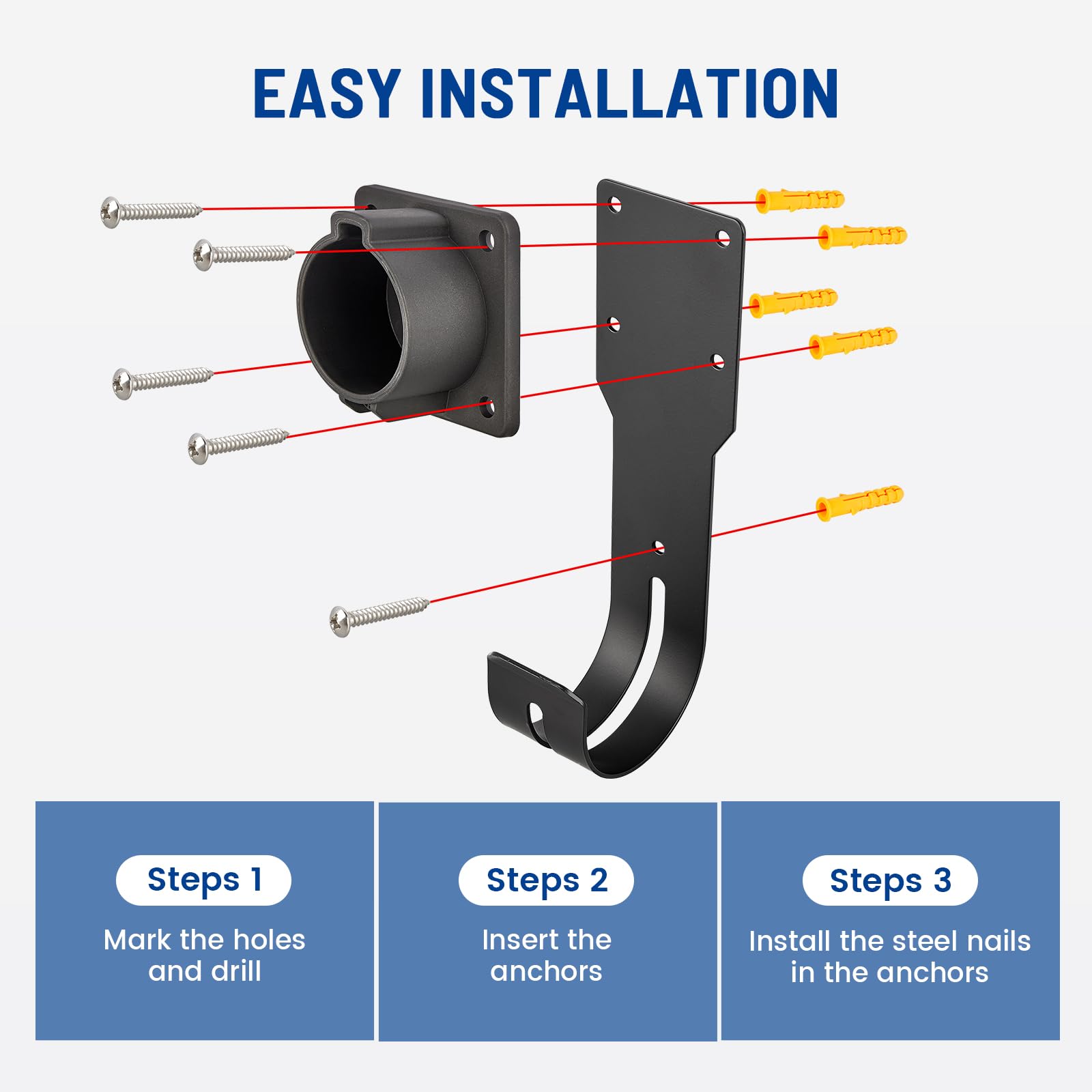 Anina J1772 EV Charger Holder - Wall-Mount Nozzle Holster & Cable Organizer For Electric Vehicles