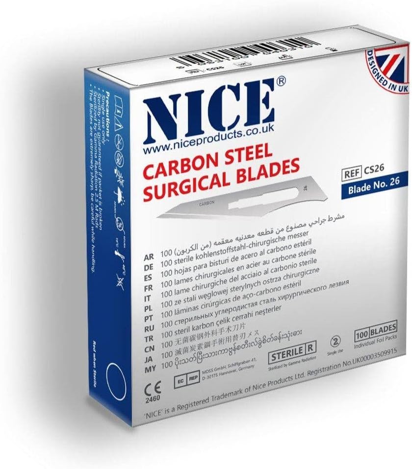 100 x NICE No.26 Sterile Carbon Steel CS26 Surgical Blades