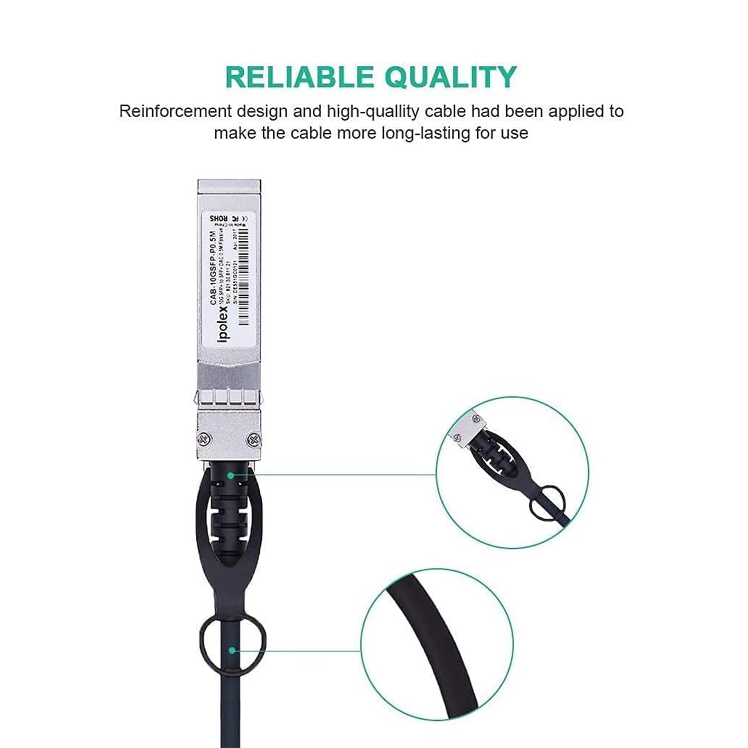 ipolex Cavo in rame 10G SFP+, DAC SFP+, cavo in rame ad attacco diretto 10GBASE-CU, cavo Twinax passivo 10Gb/s compatibile per Cisco, Ubiquiti, Meraki, Mikrotik, Intel e altri. 1-metri, 2-Pack.