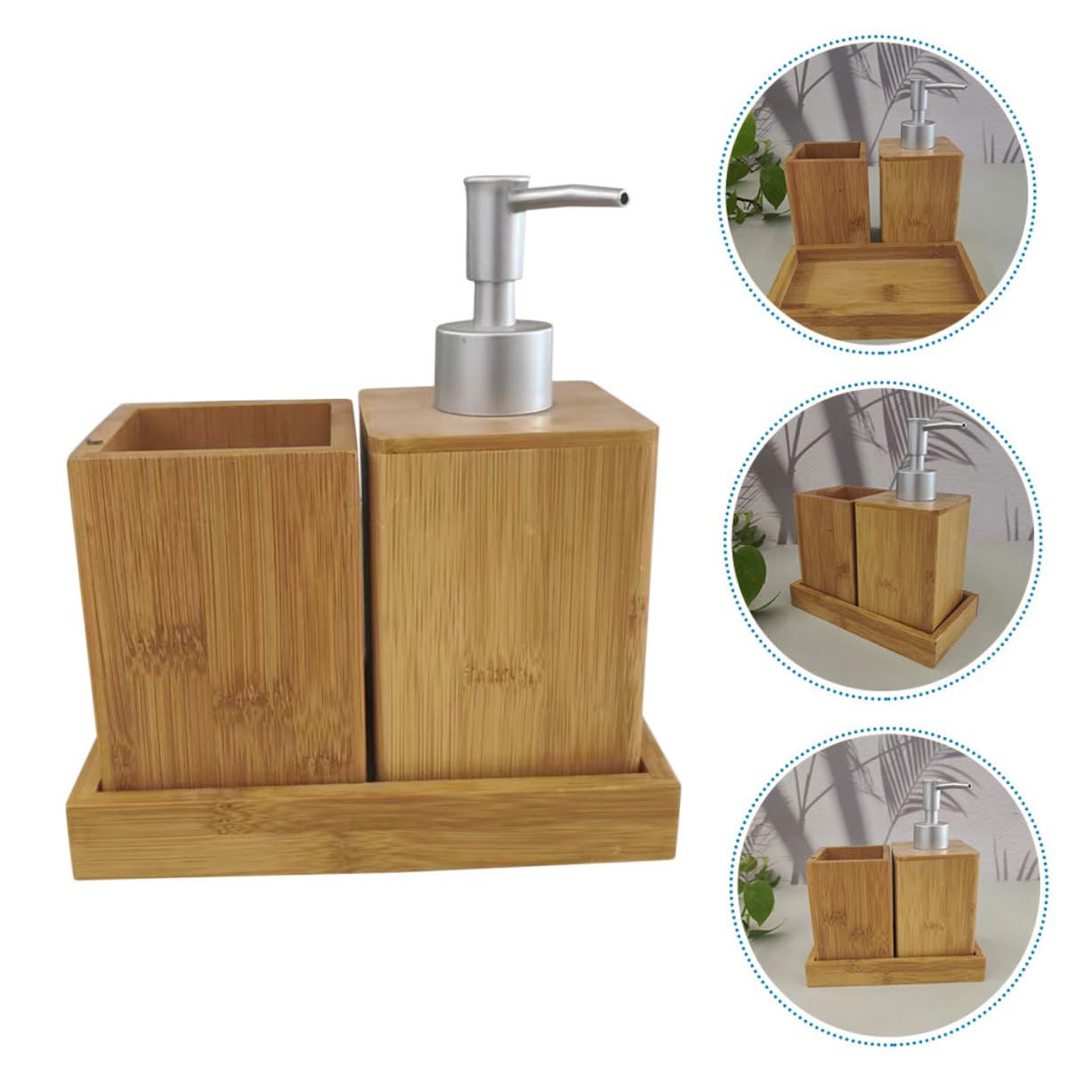 COLLBATH Juego de Accesorios para Baño Material Natural para Mantener el Baño Ordenado y Elegante de Bambú Dispensador de Jabón y Vaso para Cepillo de Dientes