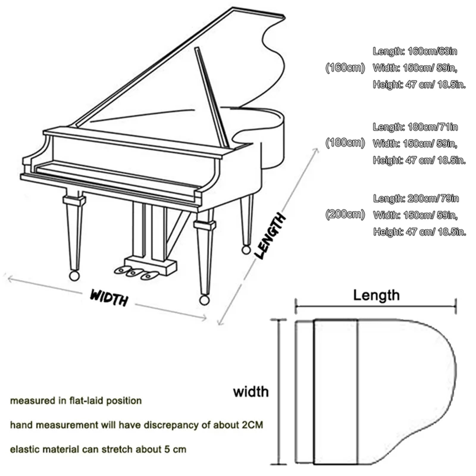 Copertina Completa del Pianoforte a Coda - Copertina del Pianoforte a Coda per Bambini Impermeabile/Protezione Solare/Polvere Panno Protettivo per Pianoforte, Cotone, Nero,180cm/70.87inch