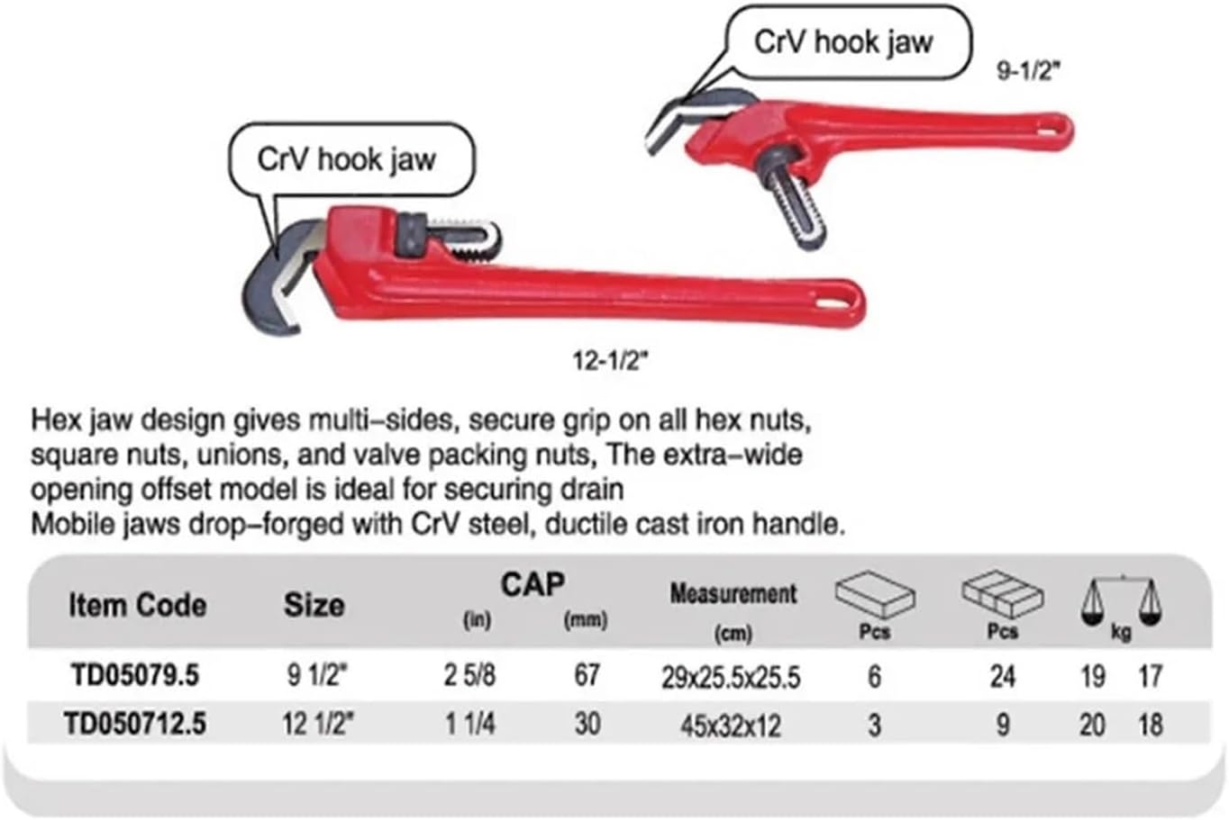 CAARLA Pipe Wrench Water Pipe Wrench Multi Purpose Round Pipe Wrench Wrench Hexagonal Pipe Wrench TD0507 9.5“