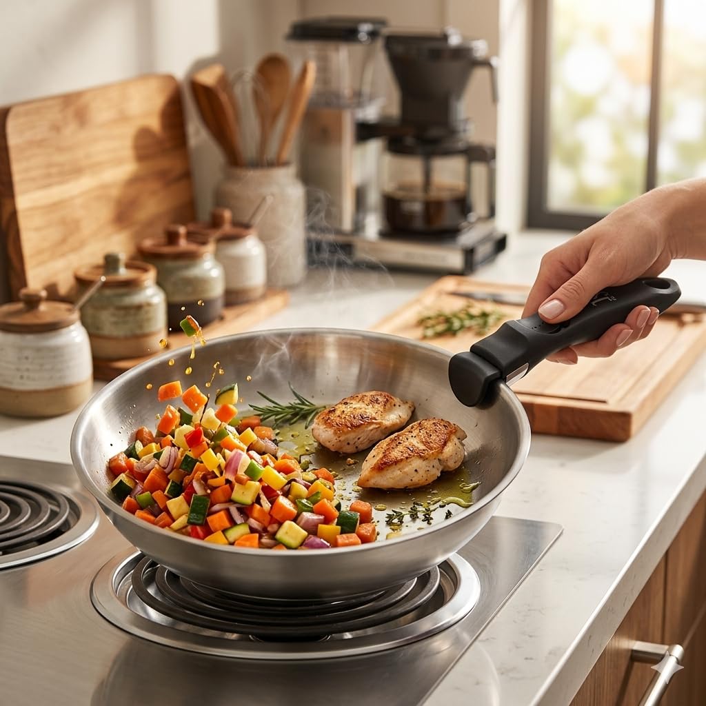 Set di 3 padelle in acciaio inox di alta qualità – induzione e forno, manico rimovibile, cucina sana, 20/24/28 cm