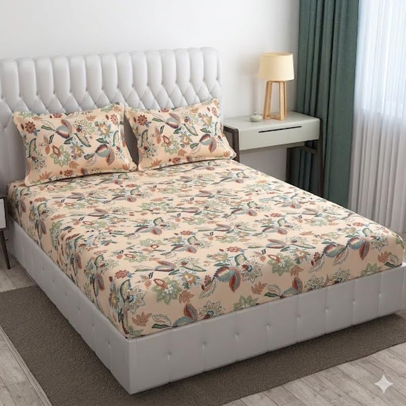 Image of Cotton Bolls Textiles Glace Cotton Fitted Bedsheet 72x72x6 Inch with 2 Pillow Covers - Soft Breathable Fabric, Elastic All Around, Printed Bedding for Double Bed