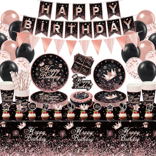 169 PCS Décoration de fête noir et or rose Service de vaisselle noir et or rose Fournitures de fête or rose et noir Fournitures de fête d'anniversaire or...