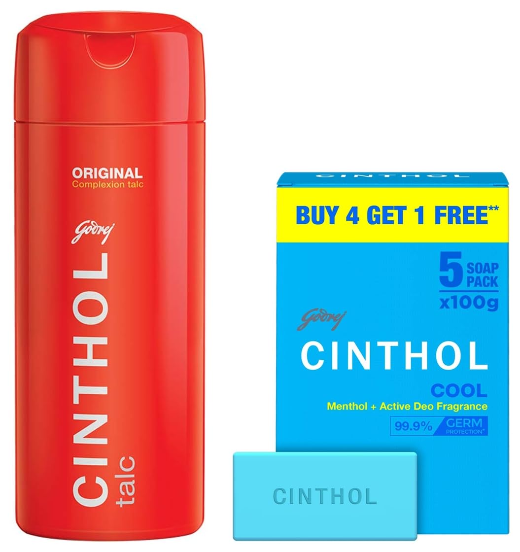 Cinthol Cool Soap, 100g (Pack of 5) | with Icy-cool Menthol | Soaps For Bath | Grade 1 Soap | For All Skin Types&Cinthol Godrej Original Talc, Pack of 300g powder