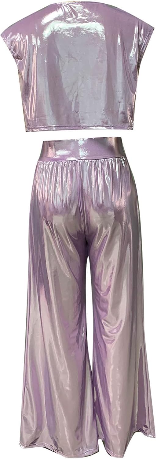HGps8w Women's Metallic Shiny 2 Piece Outfits Chic Sleeveless Crop Top with Sequins Long Pants Cluub Party Going Out Suits