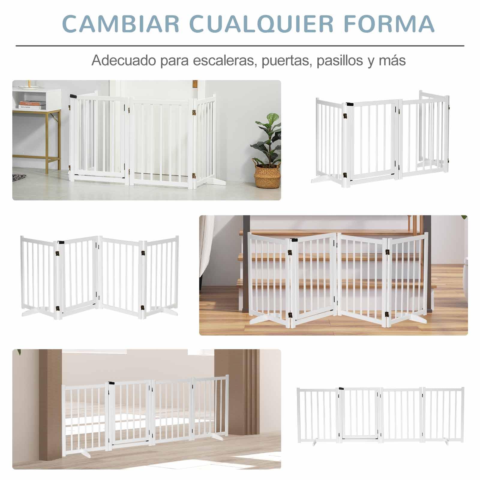 PawHut Barrera para Perros Plegable 4 Paneles Puerta 237,5x36x80 cm Blanco | Valla para Perros Pequeños y Medianos, Barrera de Seguridad de Madera, para Escaleras Pasillos