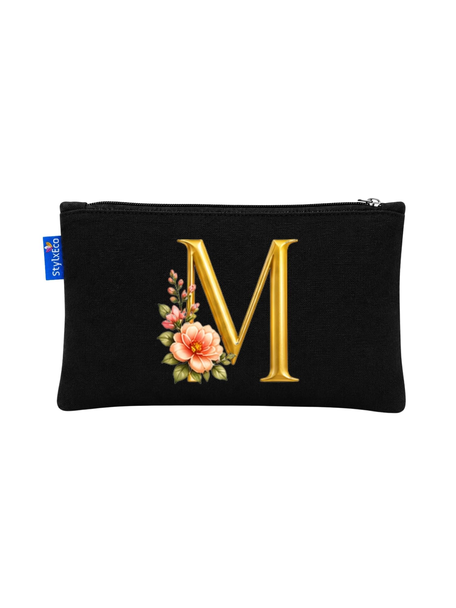 Cotton Canvas Initial M Makeup Pouch for Women | Personalised Cosmetic Bag, Travel Toiletry Organiser, Zipper Closure, Gift for Women & Men-image-27