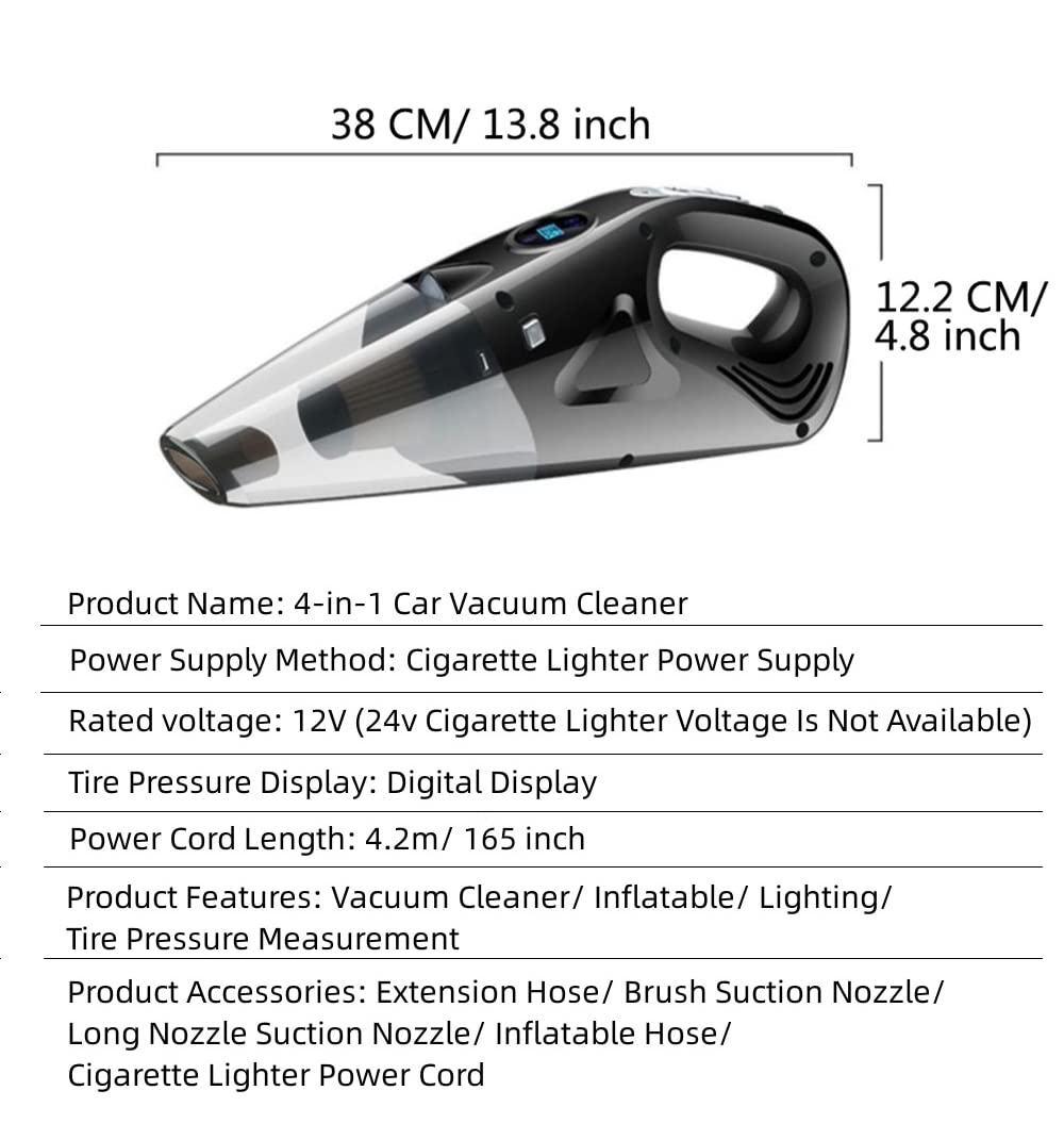 Aspirador de coche con cable con bomba de aire, aspiradoras de mano de alta succión 12000pa, inflador neumáticos de coche digital con manómetro, apagado automático y luz LED, aspiradora de mano 12 V