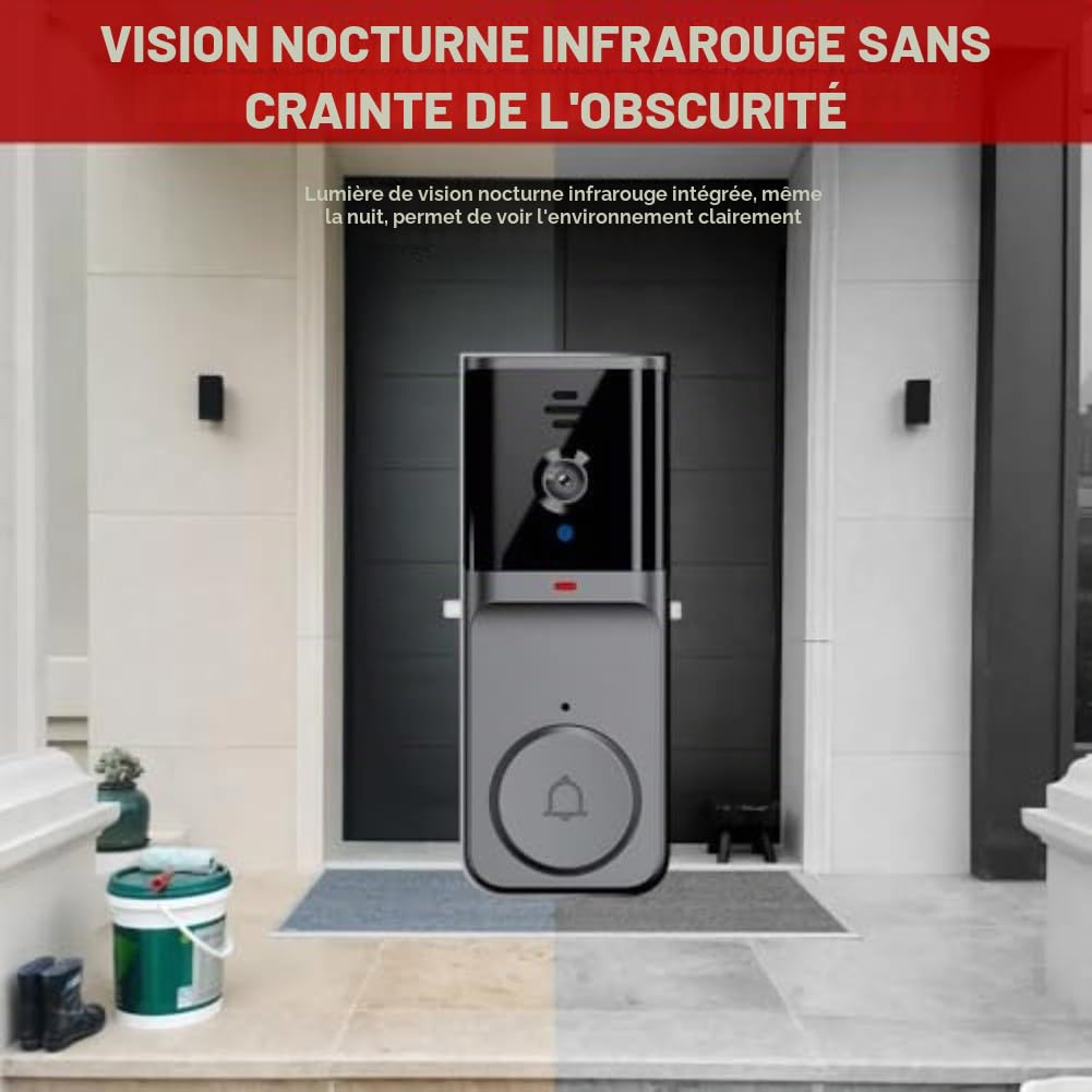 Sonnette vidéo sans fil sans besoin de WiFi, fonction audio bidirectionnelle, caméra activée avec écran, interphone vidéo 1080P, appareil de sécurité étanche et sans abonnement