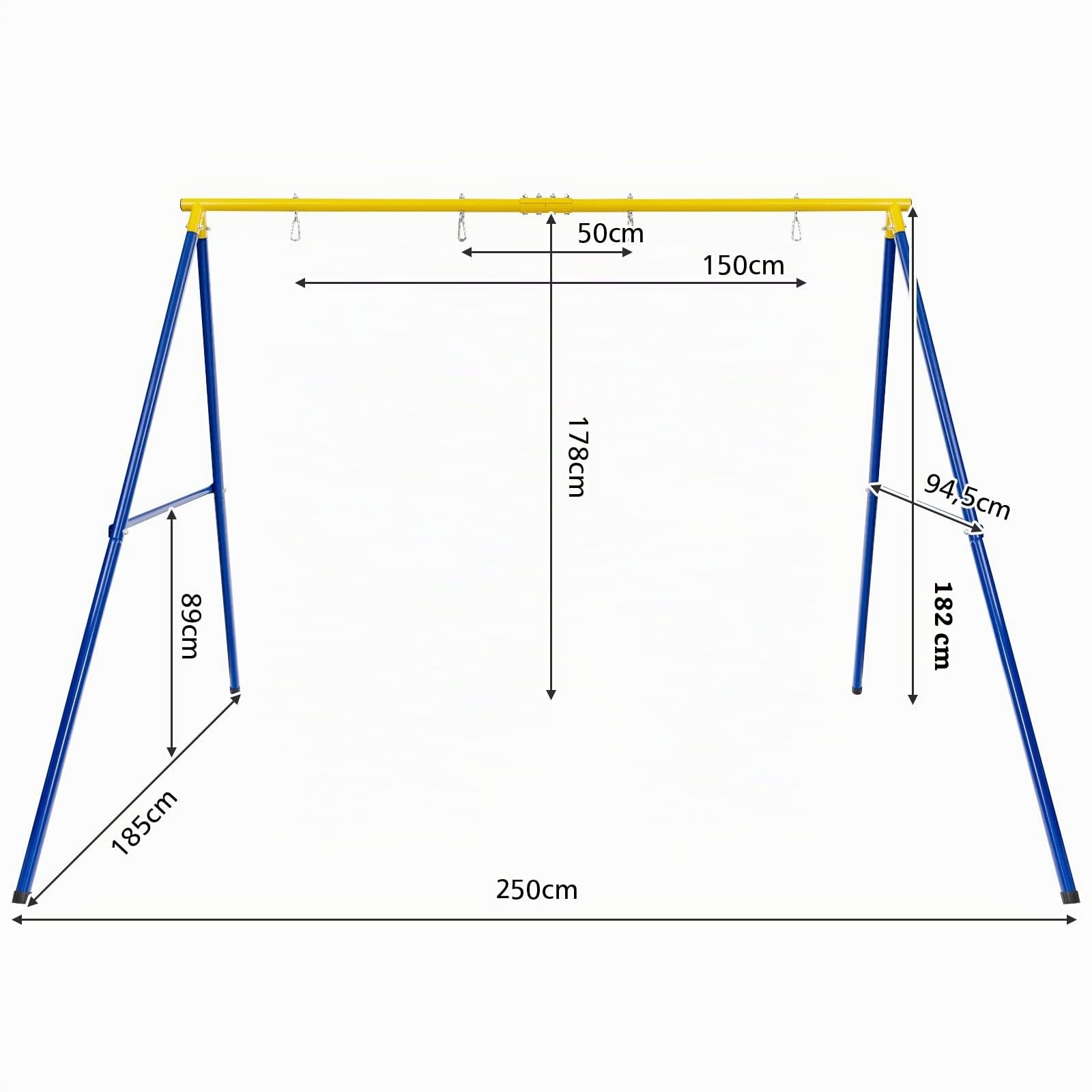GYMAX Altalena da Giardino per Bambini 3+ Anni, 250 x 185 x 182 cm, Carico 300kg, Struttura per Altalena in Metallo, 4 Chiodi, 4 Copripiedi Antiscivolo, Interni & Esterni