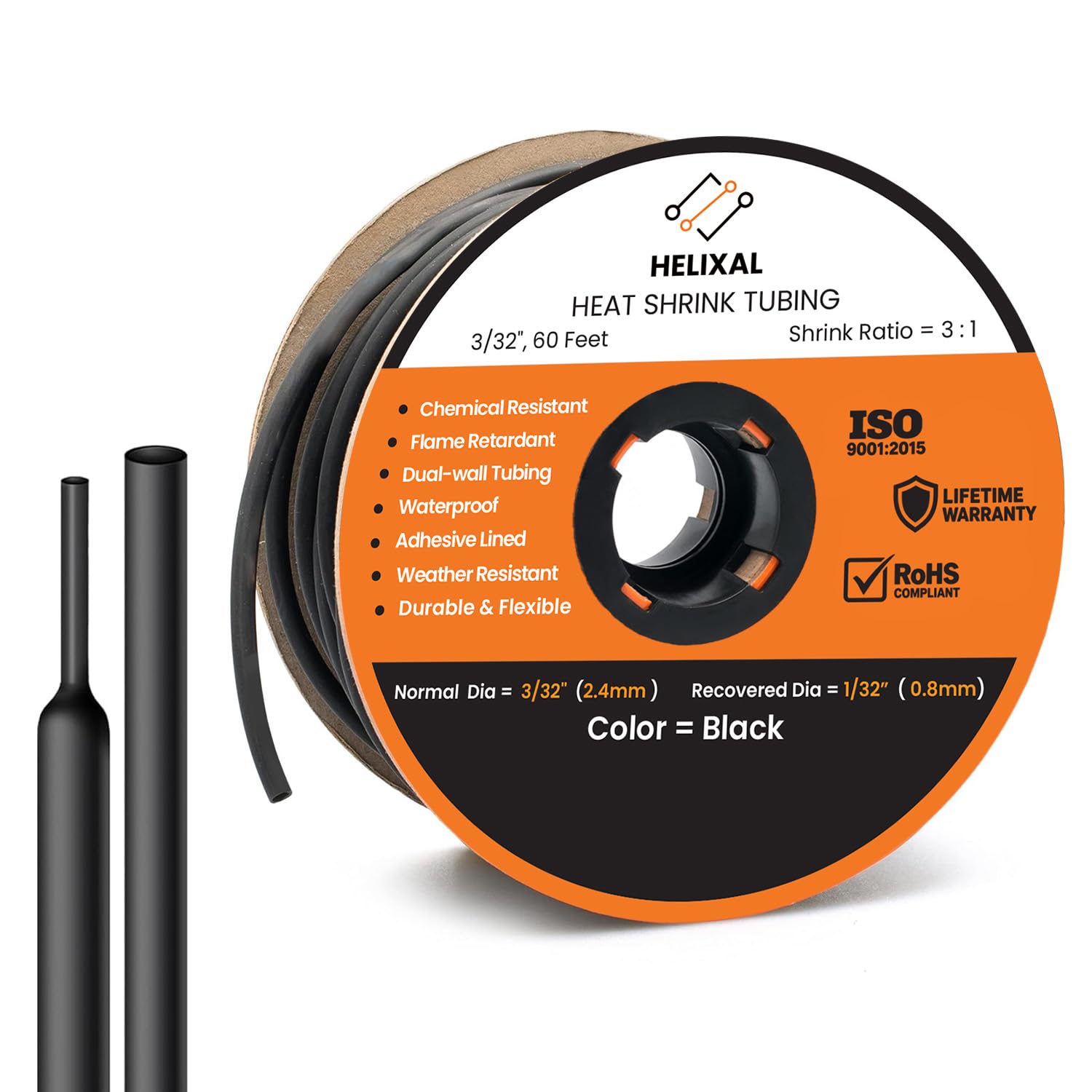 3/32" 2.4mm HELIXAL 3:1 Heat Shrink Tubing Adhesive Dual Wall 60ft Roll