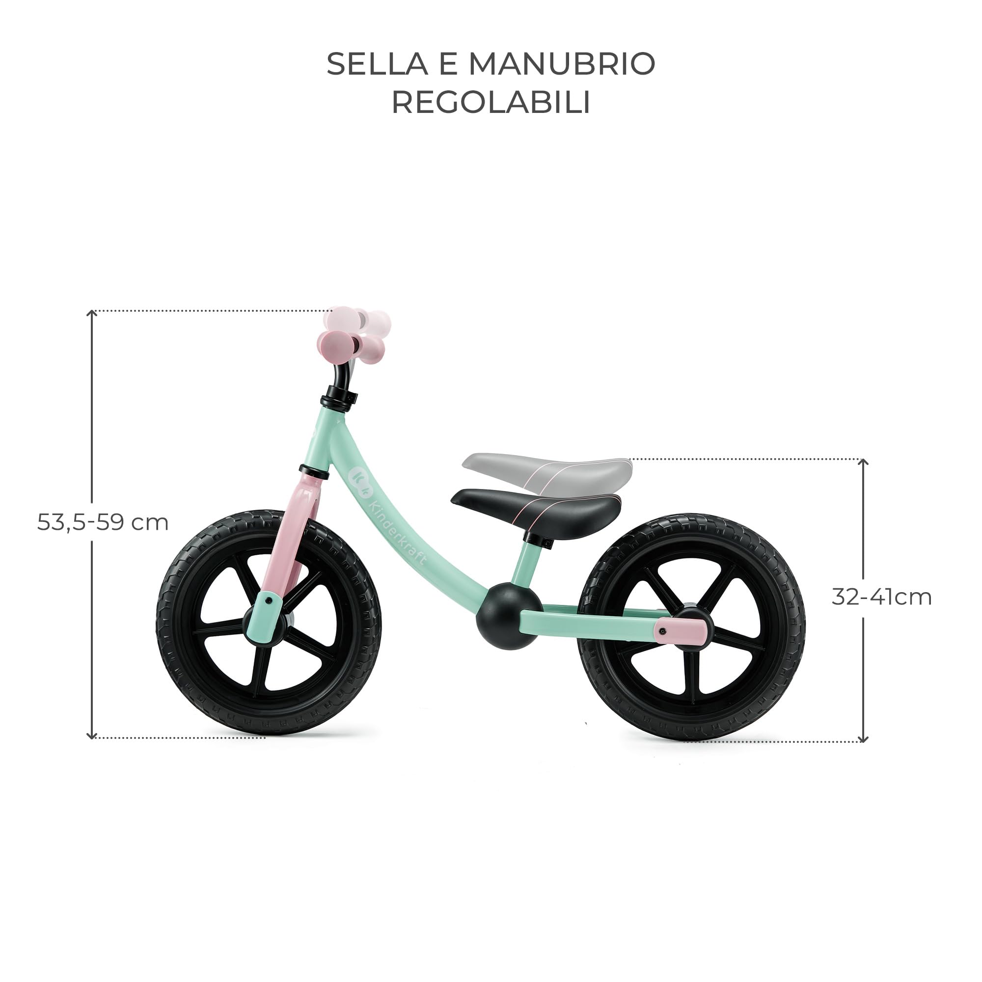 Kinderkraft 2WAY NEXT OFF ROAD Bicicletta fino a 35 kg, bicicletta per bambini, ruote da 12 pollici, sella e manubrio regolabili in altezza, facile da montare, impugnatura in gomma, menta