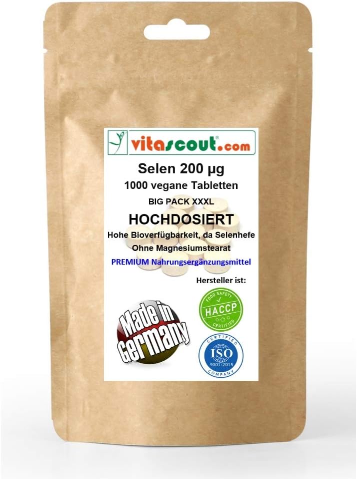Selen 200 mcg/µg – 1000 tabletten – zonder magnesiumstearaat – Made in Germany – veganistisch van selengist