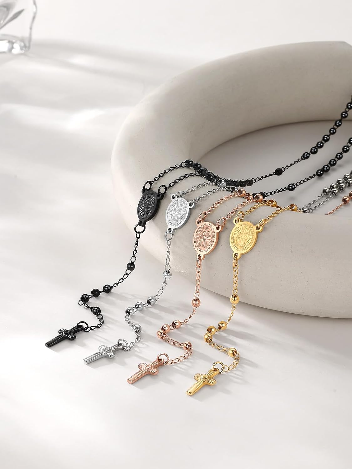 FOCALOOK Rosary Chain Necklace Virgin Mary Prayer Necklace with Crucifix/Jesus Cross Pendant Catholic Long Y Drop Chain Jewelry Gift for Women Men (with Rosary Box & Pray Card) - Image 6