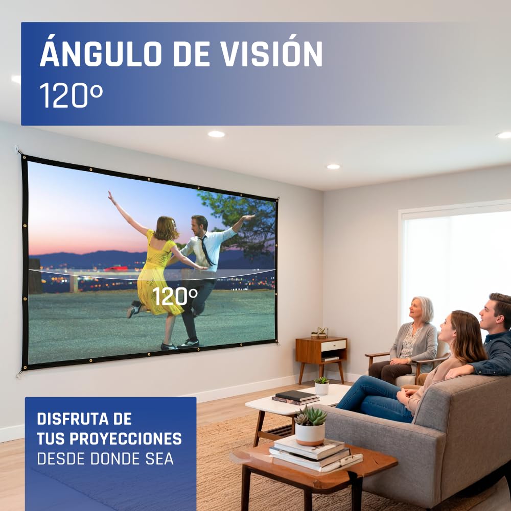 iggual - Pantalla de Proyección 100" Pulgadas- Tela Plegable- Antiarrugas- Formato Panorámico 16:9- Ángulo de visión 120º- Apta para Proyector y Retroproyector- 221 x 124 cm