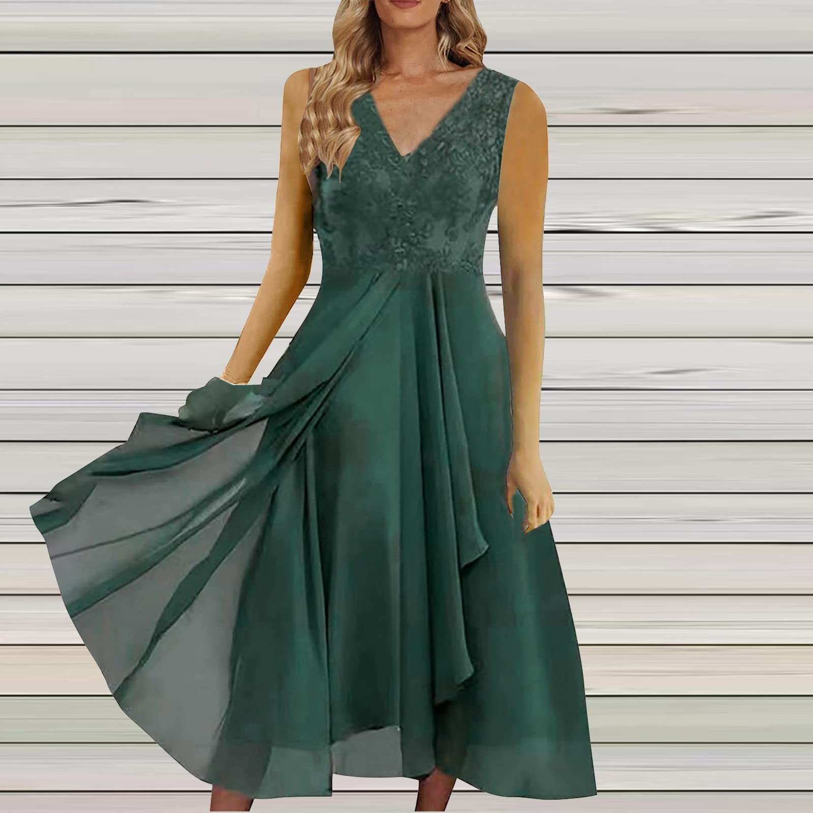 Mujeres Gasa V-cuello Empalme Encaje Hueco Mujer Vestido Largo Dama de honor Vestidos de Noche