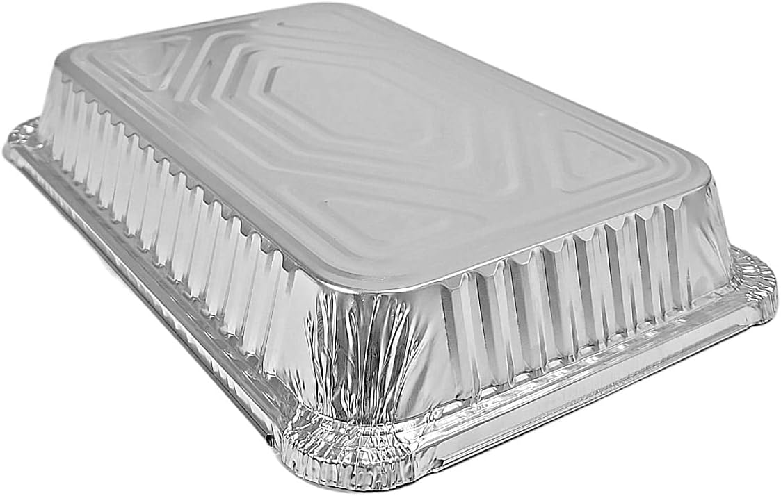 PACTOGO Disposable 4 lb. Aluminum Foil Oblong Take-Out Heavy Duty Tin Baking Pans with Board Lids 12'' X 8'' X 2'' Inch - For Meal Prep, Brownies, Bread, Baking, or Lunchbox (Pack of 100 Sets)