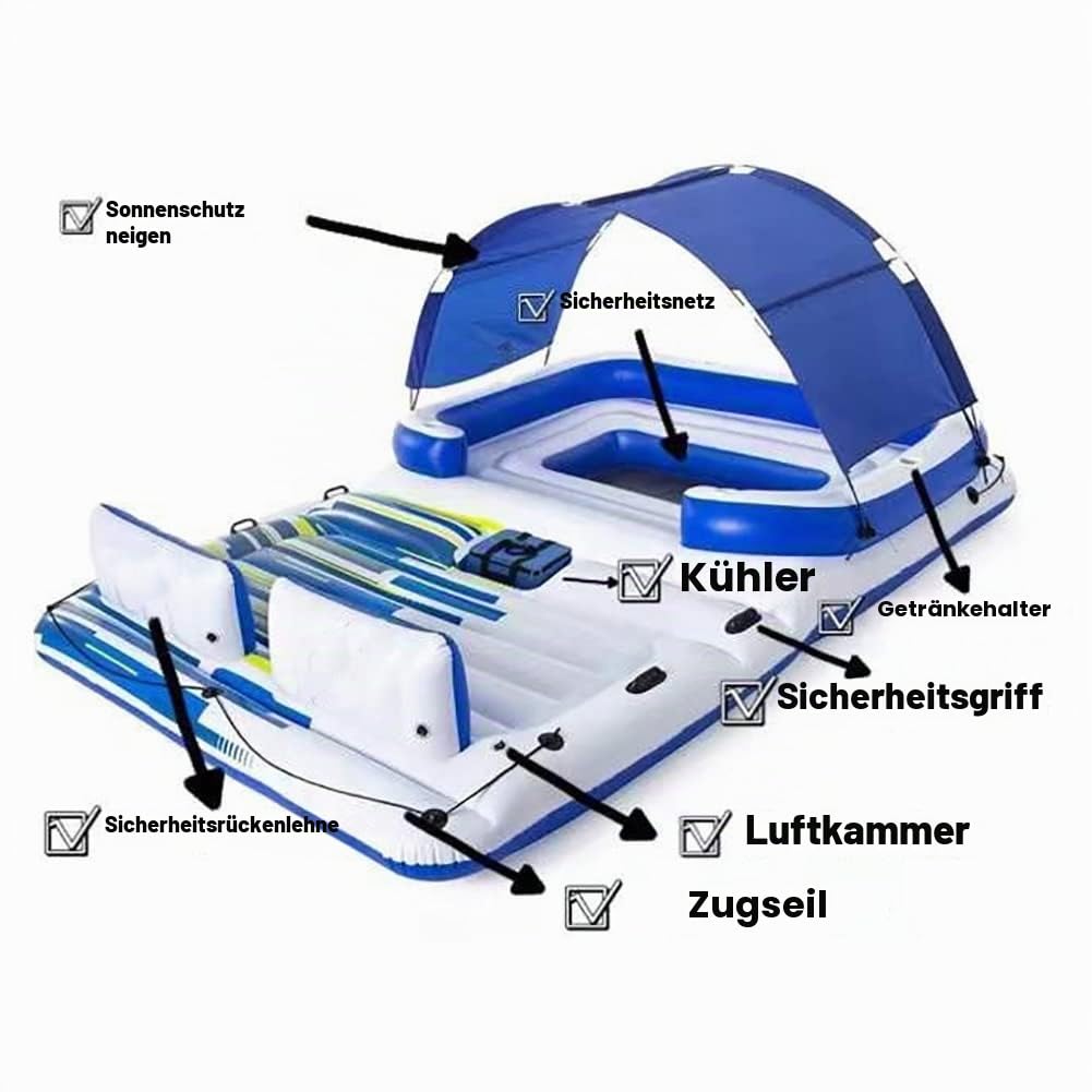 Aufblasbare Insel, aufblasbarer Schwimmer für den Pool, schwimmende Reihe für 6–8 Personen, große schwimmende Insel für mehrere Personen mit Sonnenschirm, für Erwachsene, Kinder, Wasserurlaub, Party