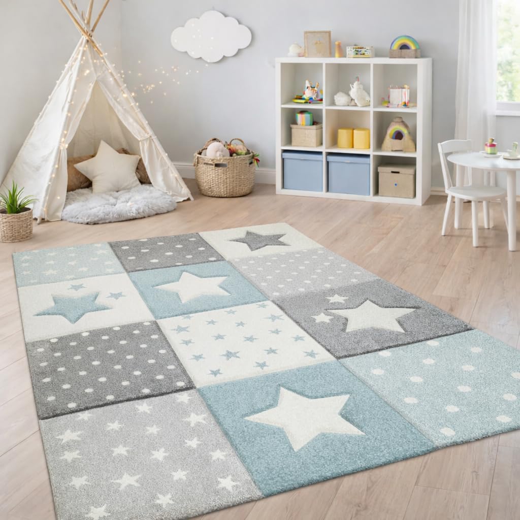 Paco Home Kids Rug for Nursery Checkered with Dots & Stars in Blue White Grey, Size: 3'11" Round