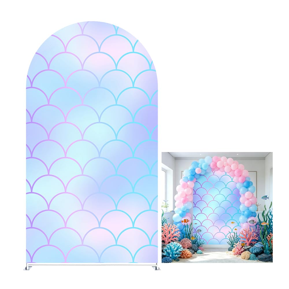 Iydamc Mermaid Arch Backdrop Covers with Stretchy Arched Design for Girls' Birthday Parties and Baby Showers - Featuring Mermaid Scales, Props, and