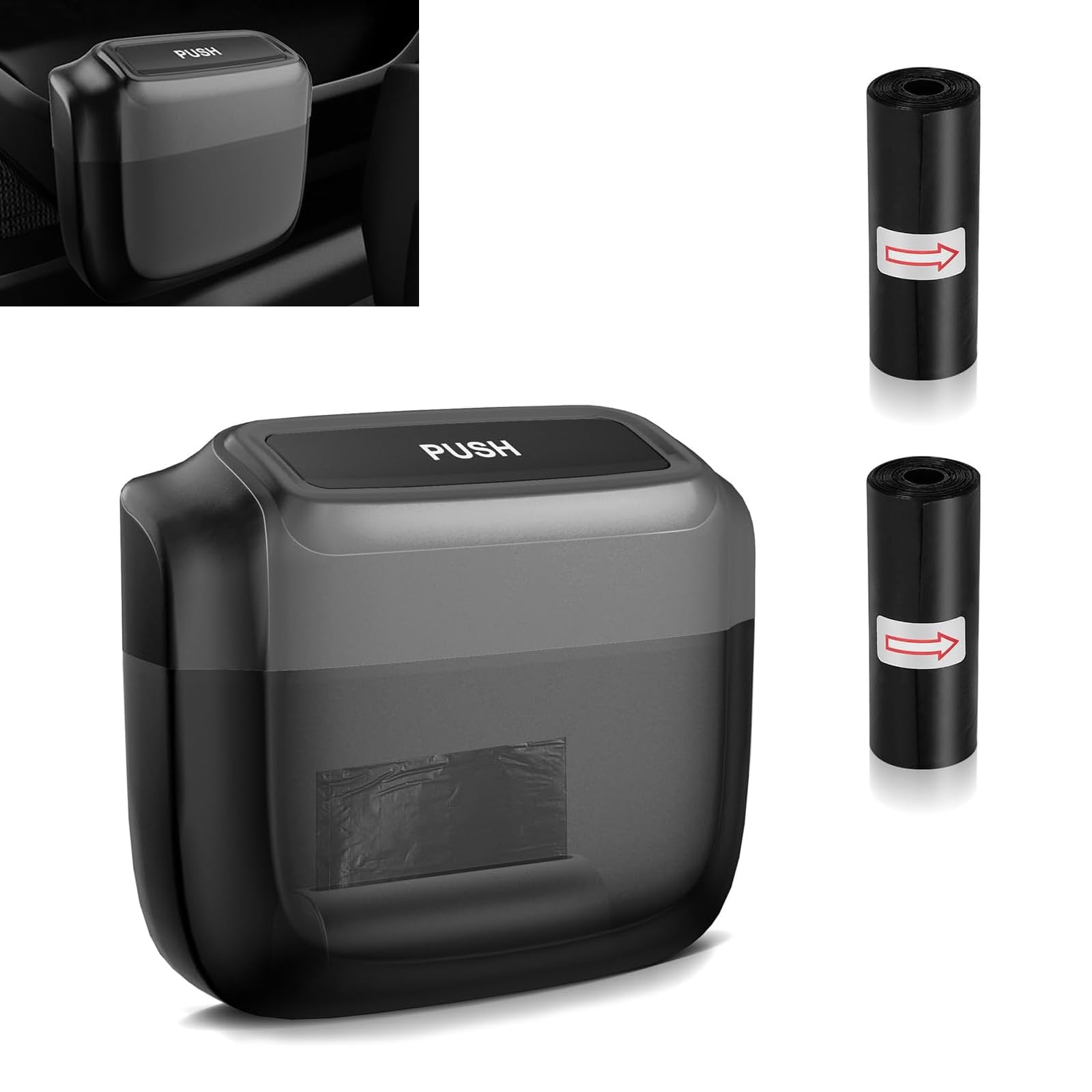 Photo 1 of Cuymoap Car Trash Can, Portable Push to Open Storage Bucket with 30 Trash Bags, Waterproof Anti-Leak Hanging Clutter Canister with Lid, Universal Large Capacity Supplies Box for Car Truck Van (Black)