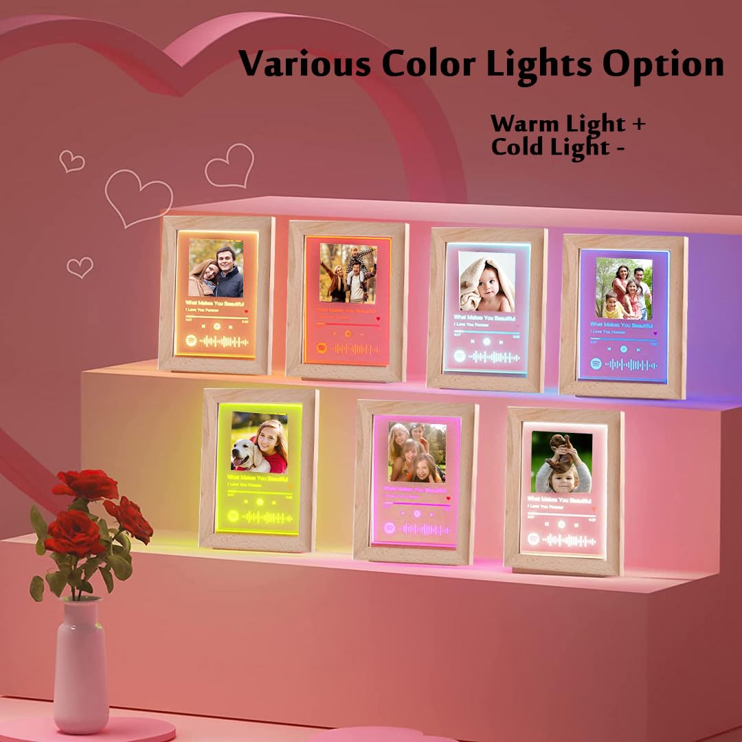 Personalized Spotify Song Plaque Acrylic Glass Photo Custom Night Light - Customize Scannable Code Picture Lamp (Wooden Frame)