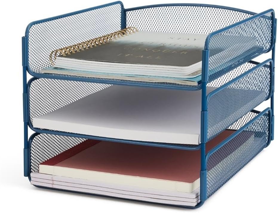 Safco Onyx Mesh 3 Tray Desktop Organizer 3271BU, Blue Powder Coat Finish, Durable Steel Mesh Construction