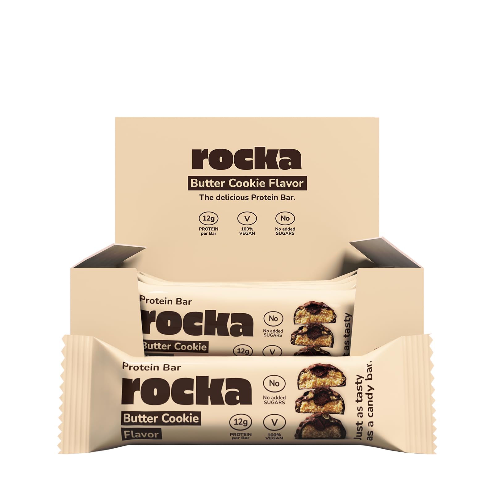 Rocka Nutrition Protein Bar I Veganer Proteinriegel mit 12 g Protein/Riegel I zuckerreduziert I voller Geschmack I 12 x 50g einzeln verpackte No Whey Bars (Butter Cookie)