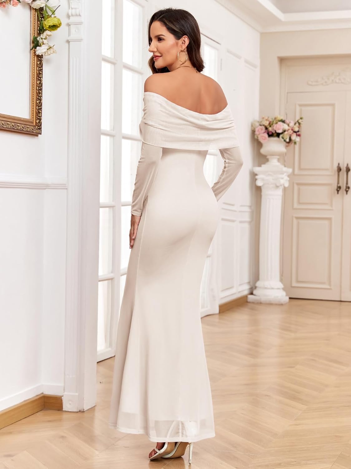 Maternity Off The Shoulder Mermaid Maxi Dress Mesh Bodycon Pregnancy Dresses Baby Shower Photoshoot with Floral - Image 2
