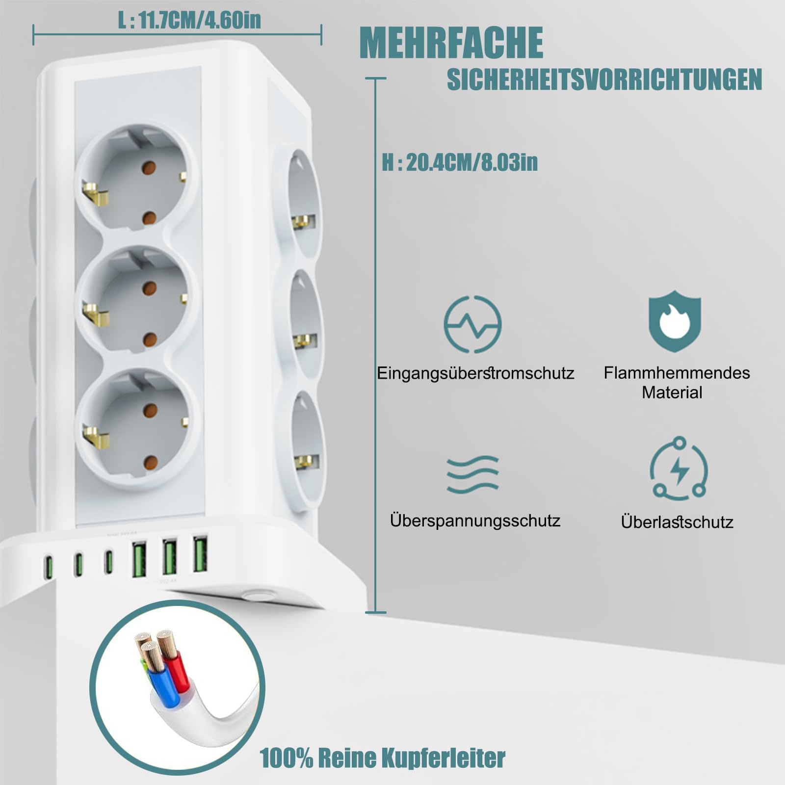 Regleta con USB 12 compartimentos, AOUOO Regleta múltiple con interruptor, 4000 W, 16 A, protección contra sobretensiones, torre de enchufe, cable alargador de 2 m para casa, oficina, cocina, cable de