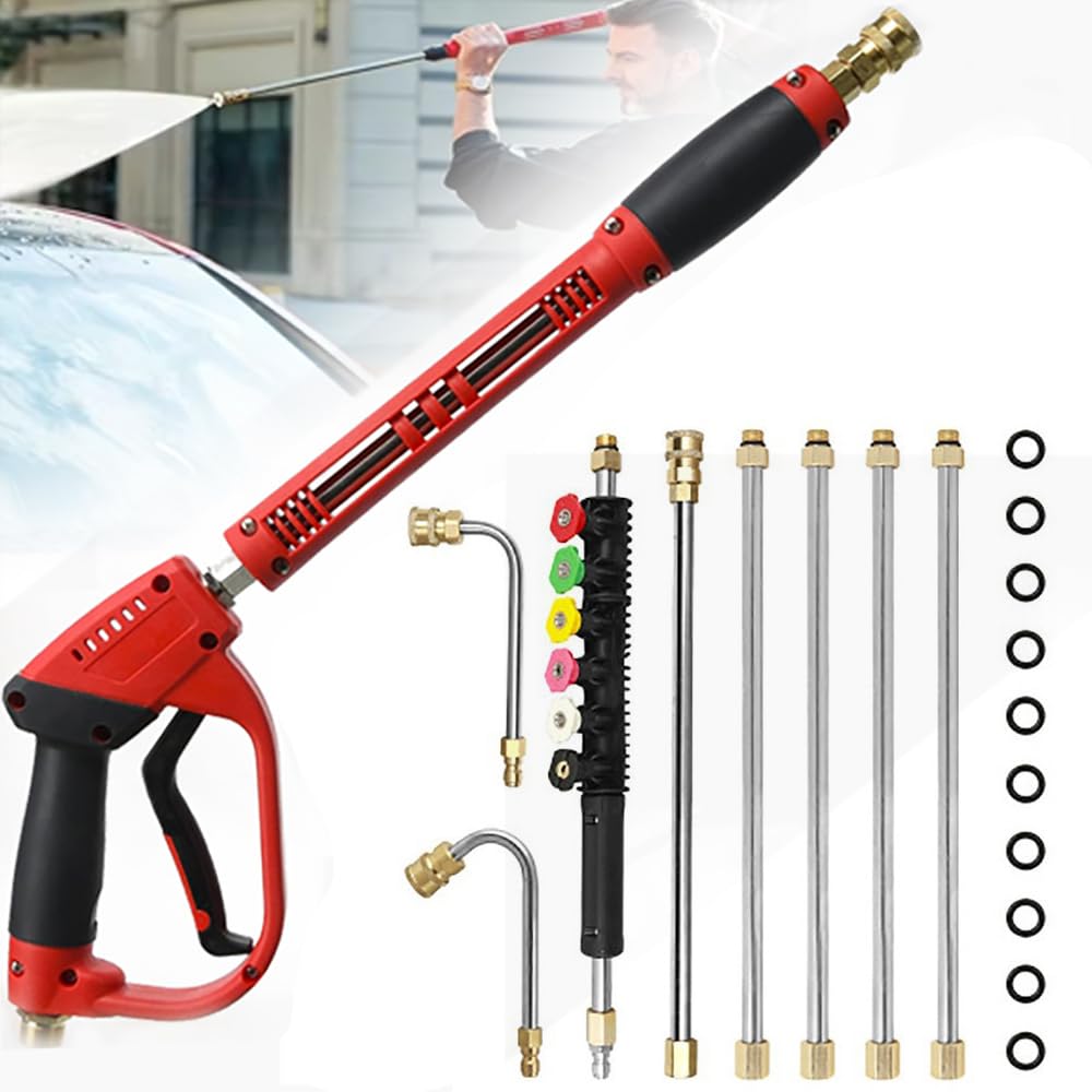 Pistola De Agua A Presión,Pistola Hidrolimpiadora,Lanza Hidrolimpiadora,5000 PSI Pistola de lavado a presión,con 6 extensiones y 3 varillas curvas,5 puntas de boquilla,para ventanas, coche, hogar