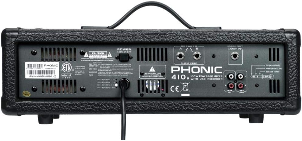 Rear view of Phonic POWERPACK415 mixer showing power input and speaker outputs