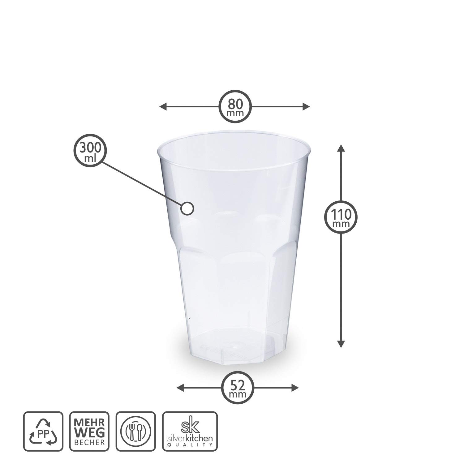 120x Cocktail Becher 300ml transparent aus PP 6-eckig Made In Germany Plastik Trinkbecher Mehrweg Bruchsichere Mehrwegbecher Wiederverwendbar Grillfest Catering