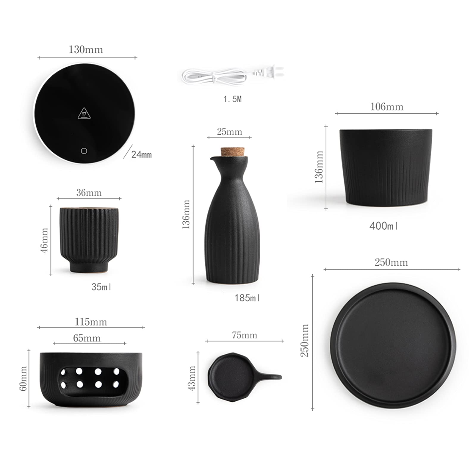Set per sake in ceramica, set per sake con scaldino, set tradizionale per saka caldo da 8 pezzi, inclusa 1 tazza riscaldante, 1 pentola per sake, 4 tazze per sake, 1 base e 1 vassoio, fornello a