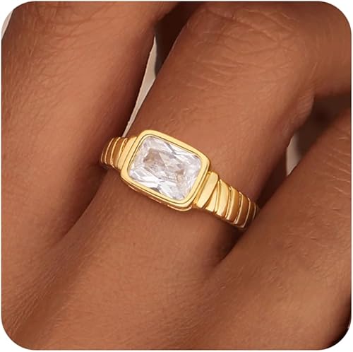 Anillos de oro con piedra natal para mujer, no se deslustra, vintage, gruesos, esmeralda, chapados en oro de 14 quilates, con circonita cúbica,