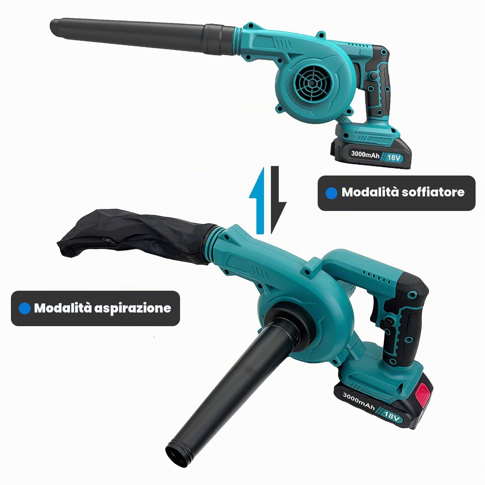 Soffiatore a batteria, con 2 3000 mAh, 18 V, 2 in 1, leggero soffiatore elettrico e tettarella per la cura del prato, bolle di foglie, auto, rimozione della polvere negli angoli, uso