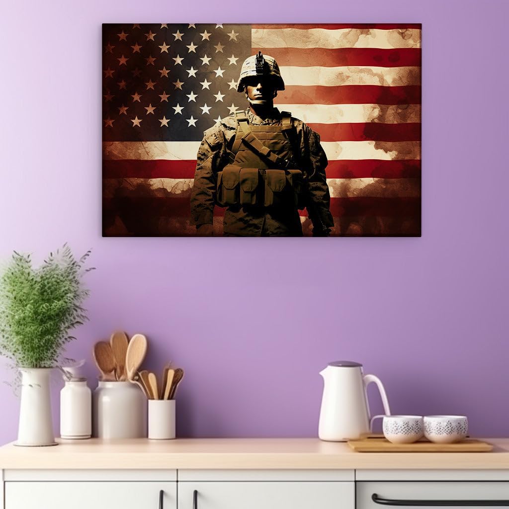 Canvas for Living room. Steadfast Guardian: A Soldier's Silent Vigil Beneath the Old Glory, 27 x 18 inch Canvas Wall Art - Modern Home Decor - 69x46 cm (27x18 inch)