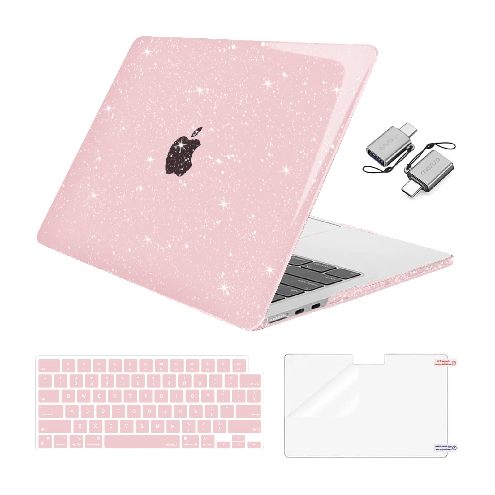 MOSISO Compatible with MacBook Air 13 inch Case 2025 2024 2023 2022 M4 A3240 M3 A3113 M2 A2681, Glitter Sparkly Hard Shell&Keyboard Skin&Screen Film&Type C for MacBook Air 13.6 inch Case, Baby Pink