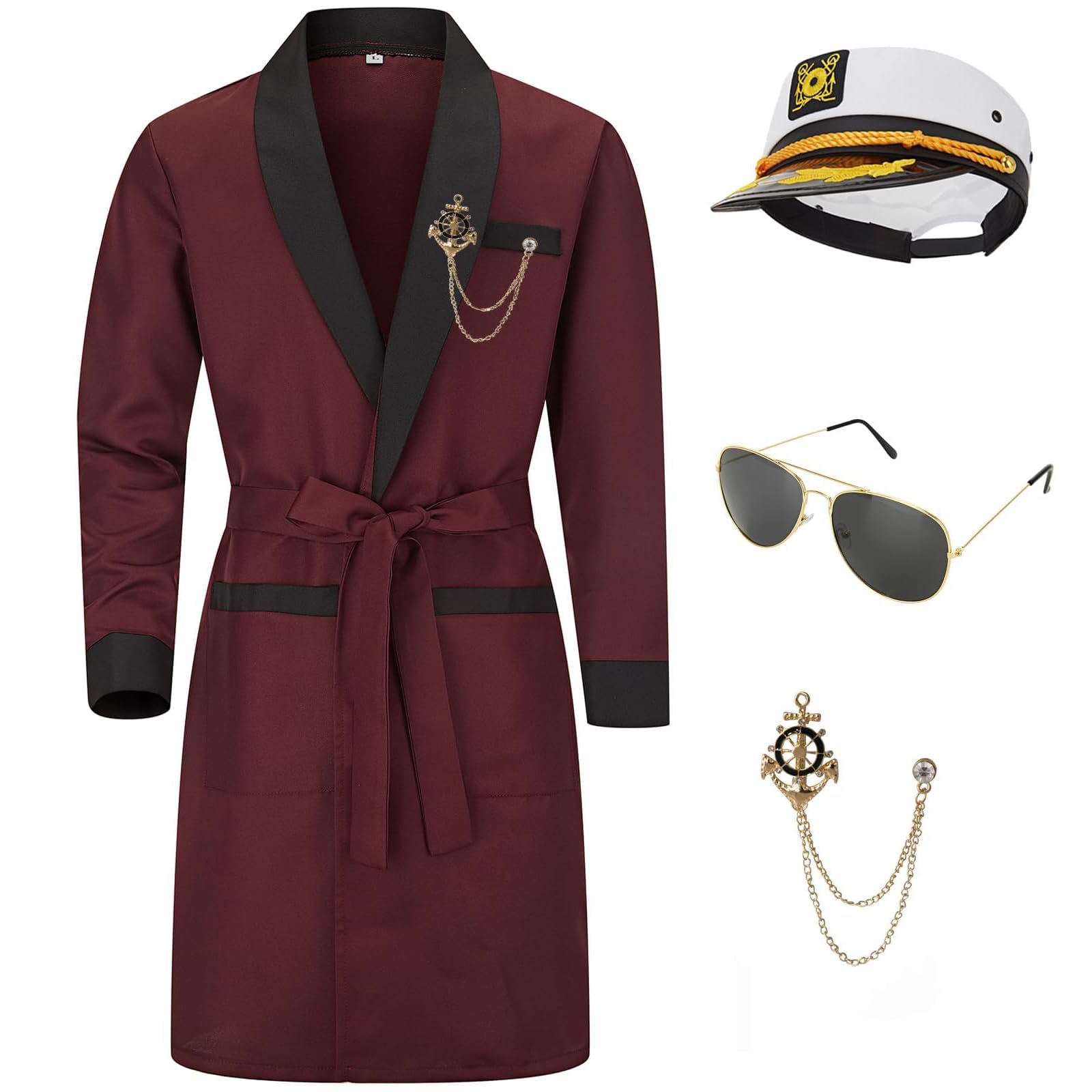 DigfarMen Silk Robe Red Jacket Hugh Costume With Belt Brooch Captain Sailor Hat Toy Glasses Set Halloween Hefne Costume Men